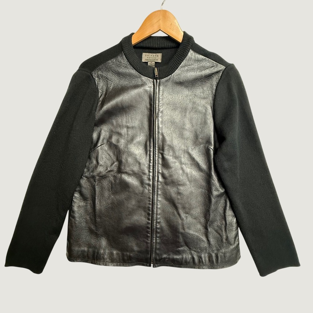 John Paul Richard Womens M Black Pig Nappa Leather Knit Jacket Zip Front